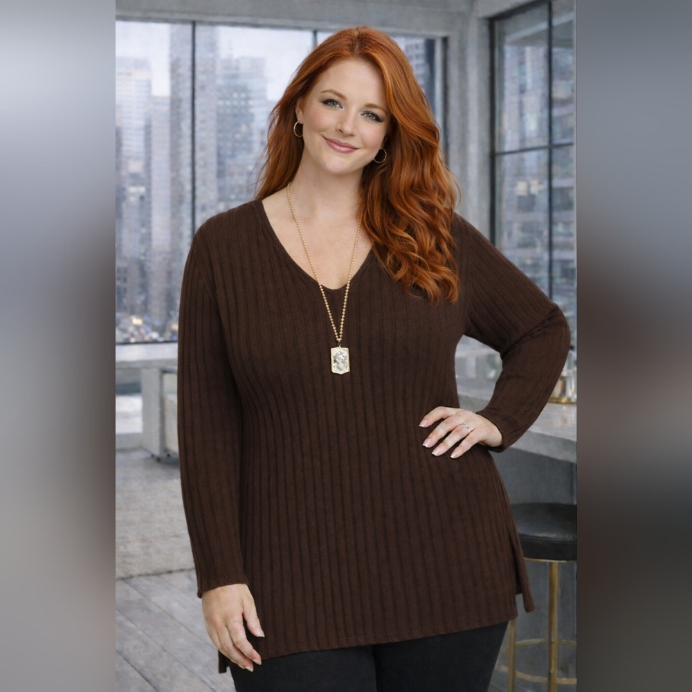 Avenue Brown Ribbed Knit V-Neck Tunic Sweater | Side Slits | Cozy Longline | 2X